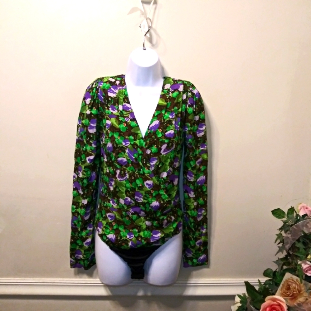 Zara Purple Black Green Floral, Padded Shoulder Deep Neckline Faux Wrap Bodysuit - Picture 3 of 12